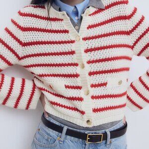 H&M Stripe Cardigan Sweater Women's Large Crochet Retro Cottage Core Red Cream